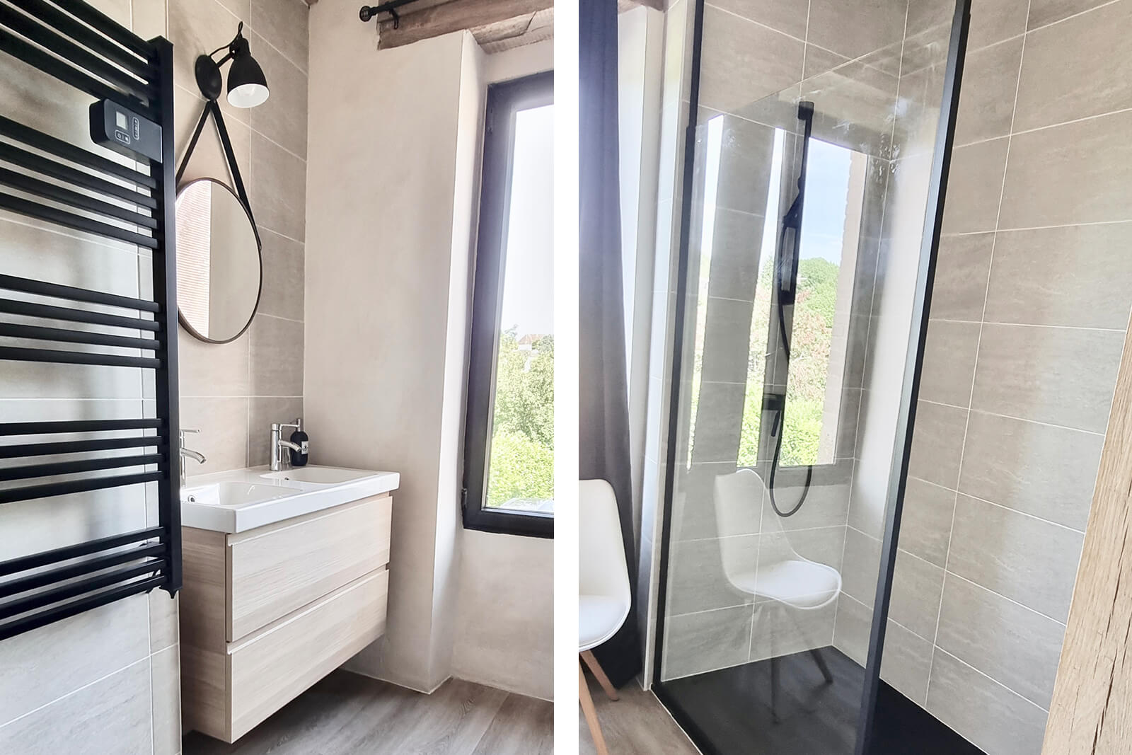 Bathroom Holiday home LOTT Saint Germain les Belles natural stone walk-in shower and double sinks