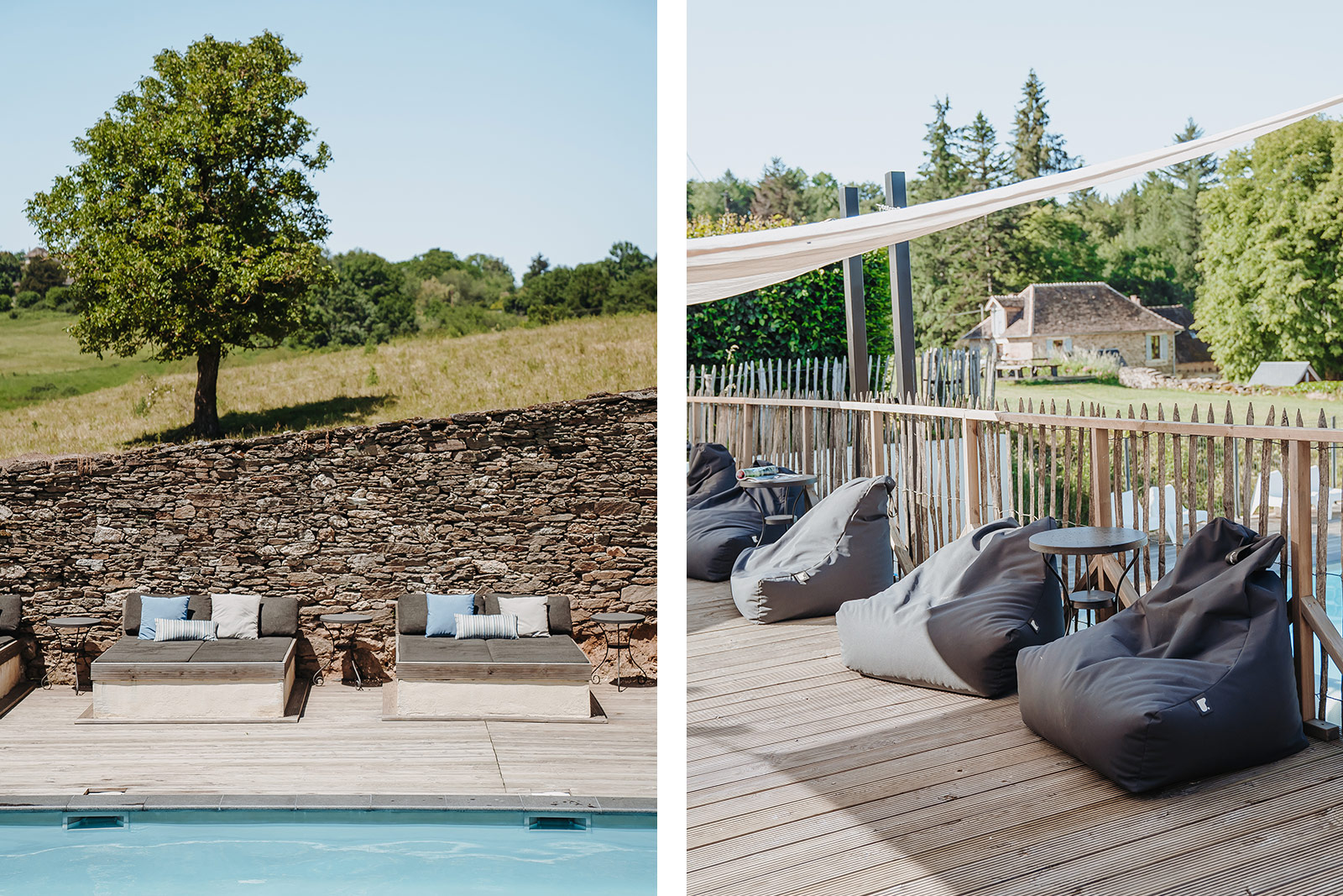 Ambiance maison de vacances LOTT La Bastide en dehors piscine commune chaises longues diptyque.