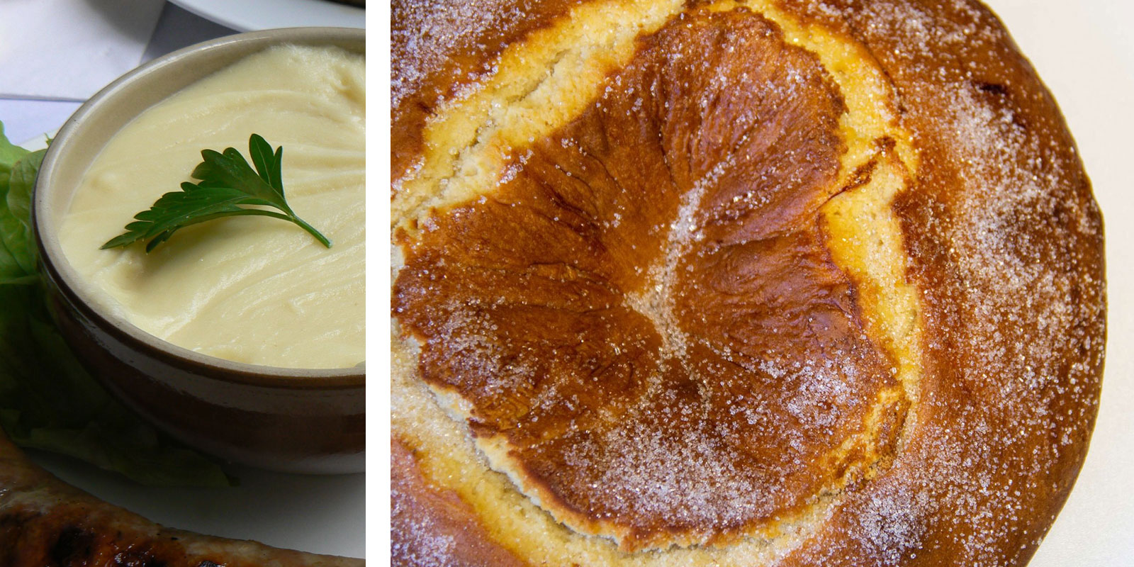 Eten en drinken streekgerechten Aubrac Aligot en Fouace van Aveyron, Frankrijk.