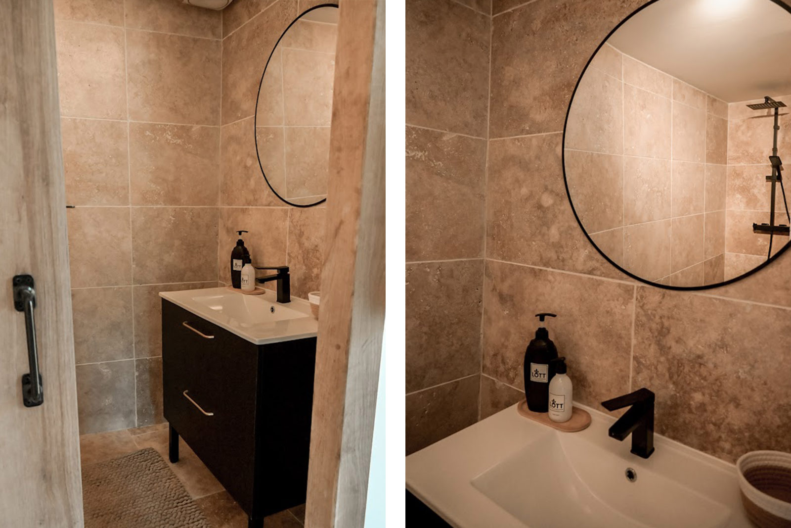 Badezimmer Ferienhaus LOTT Graissessac La Maison Waschbecken Spiegel geräumige ebenerdige Dusche.